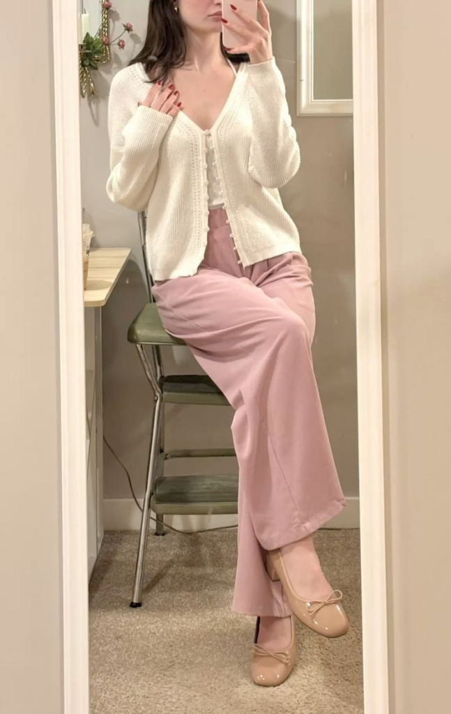 Cream Cardigan with Mauve Trousers