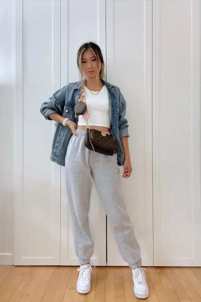 Denim And Sweatpants Chic Combo