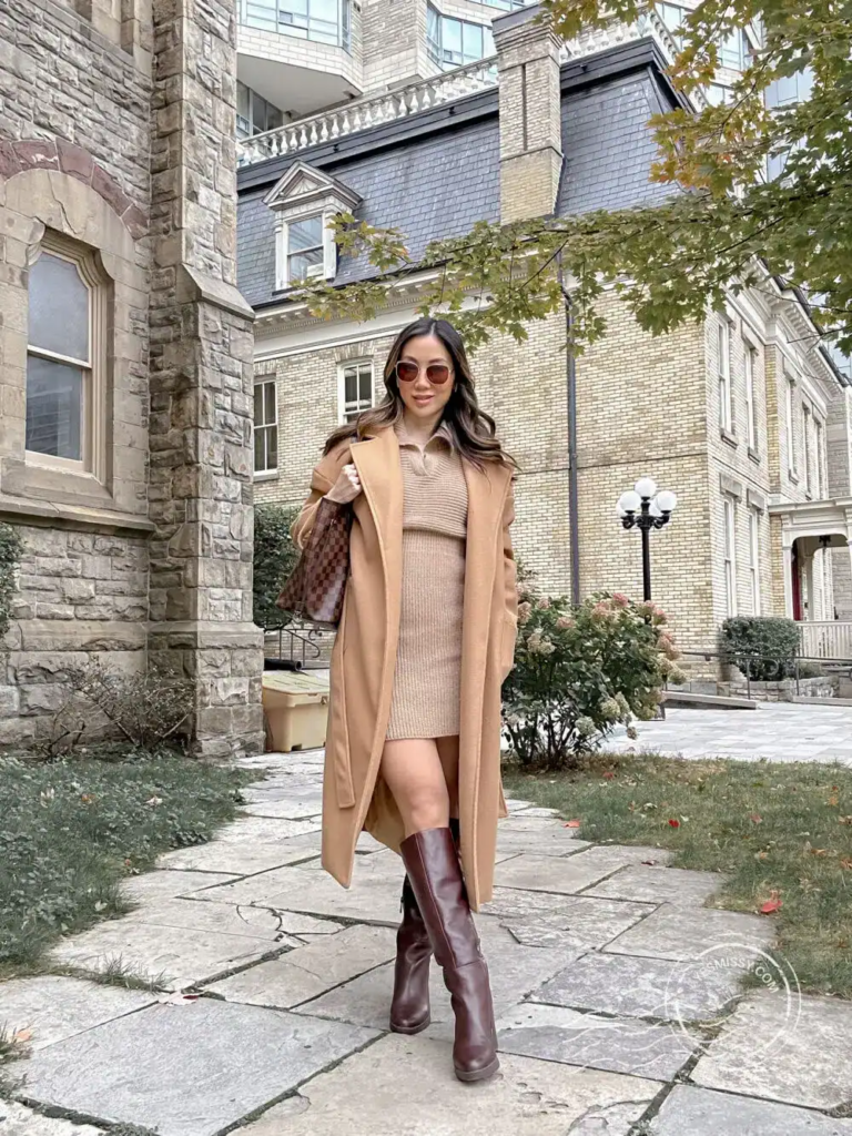 Camel Coat And Knit Dress Combo