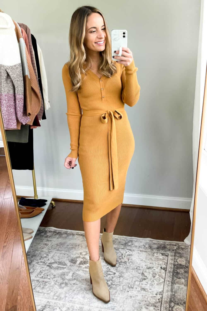 Mustard Ribbed Knit Midi Dress