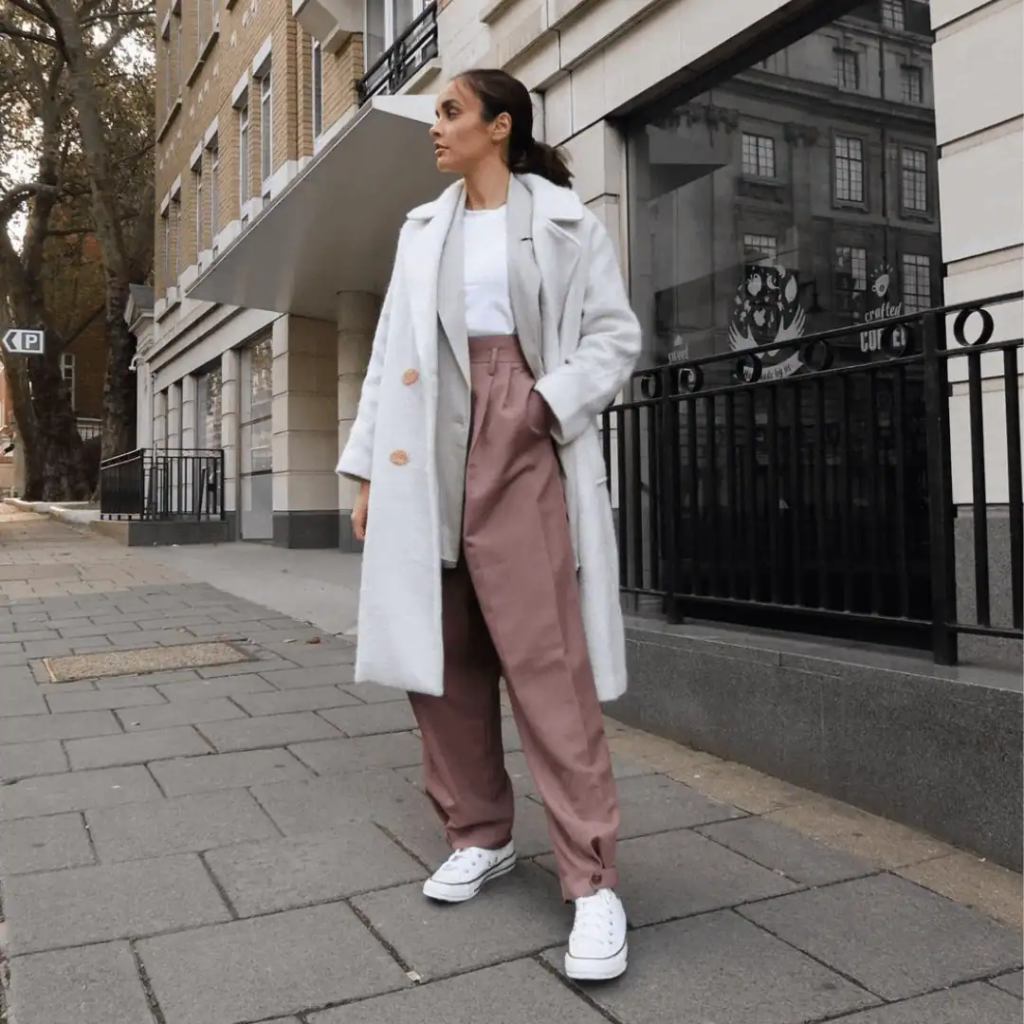 Chic Cream Coat And Mauve Trousers