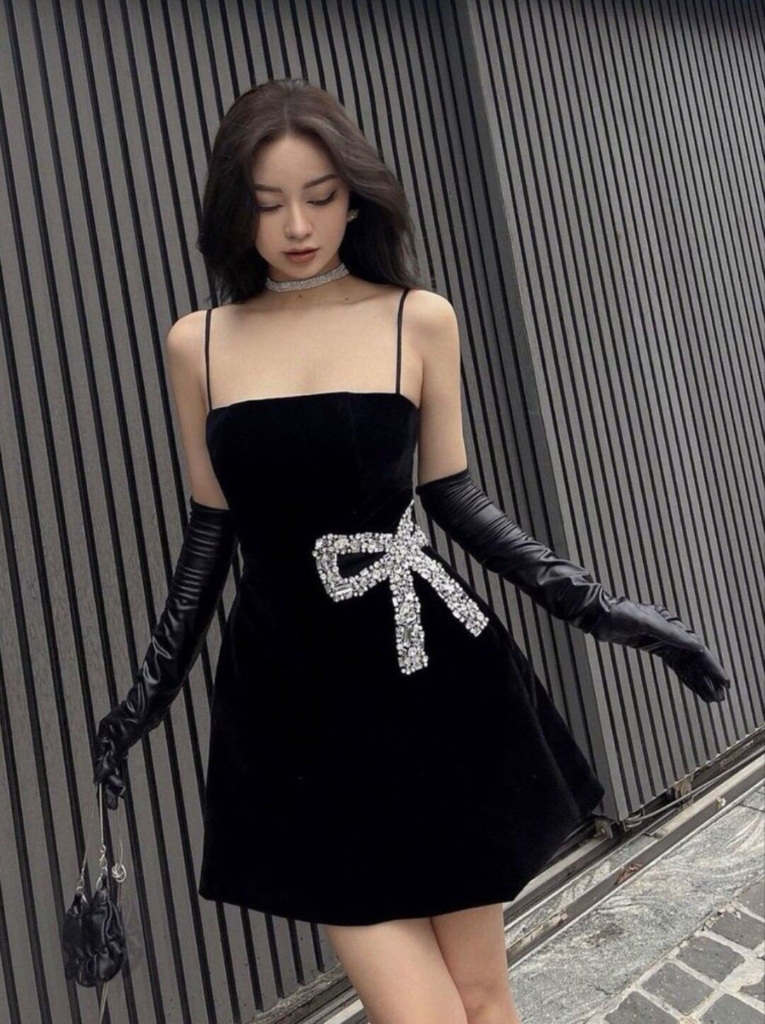 Black Velvet Dress with Rhinestone Bow