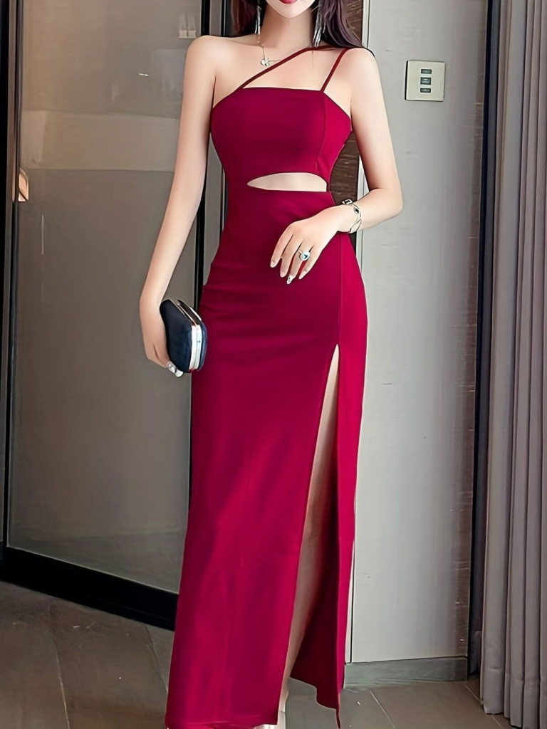 Burgundy Cutout Gown with Elegant Details