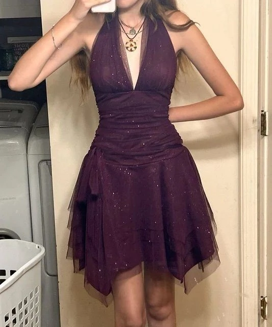 Plum Sparkle Halter Party Dress