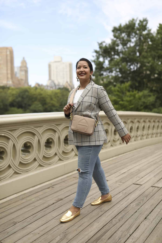 Plaid Blazer And Golden Loafers