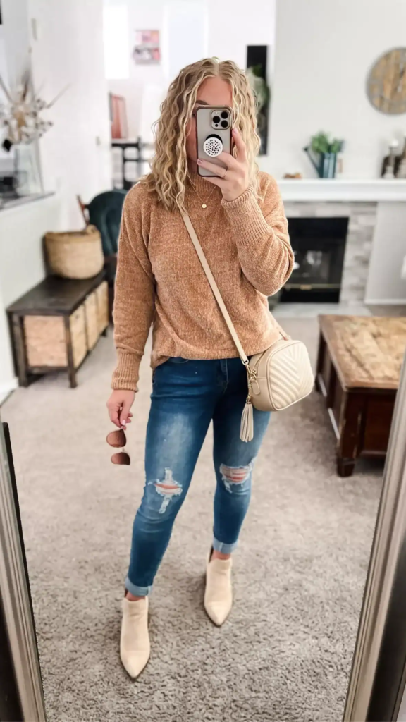 Cozy Camel Sweater And Distressed Denim