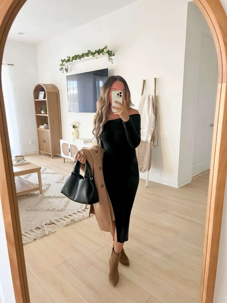 Chic Black Dress With Camel Accents