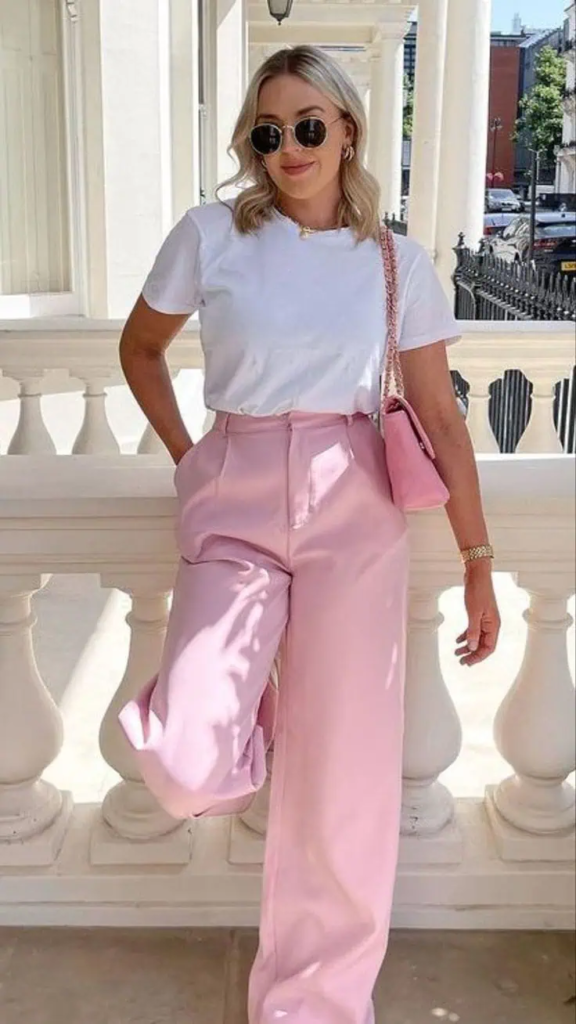 Pink Wide-Leg Pants And White Tee