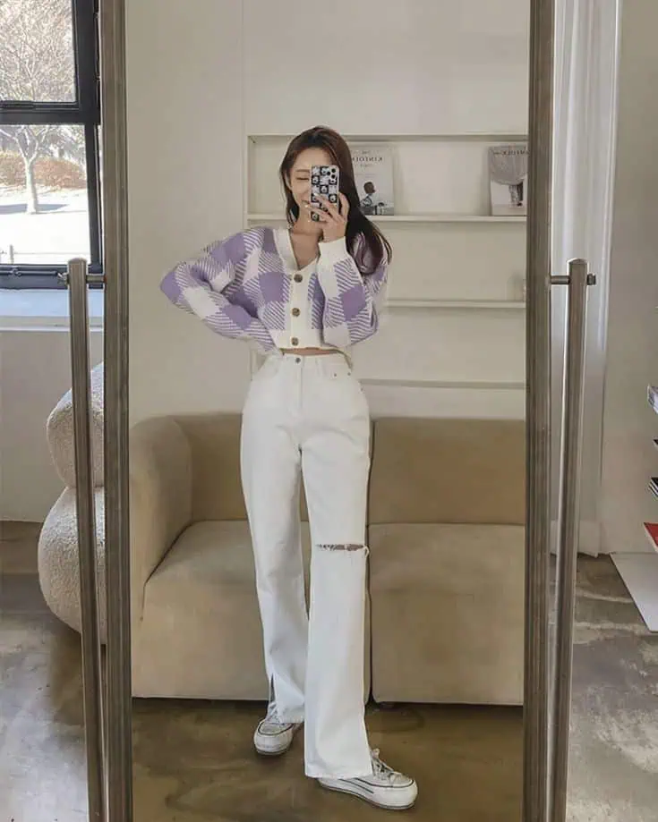 Lilac Plaid Cardigan And White Jeans