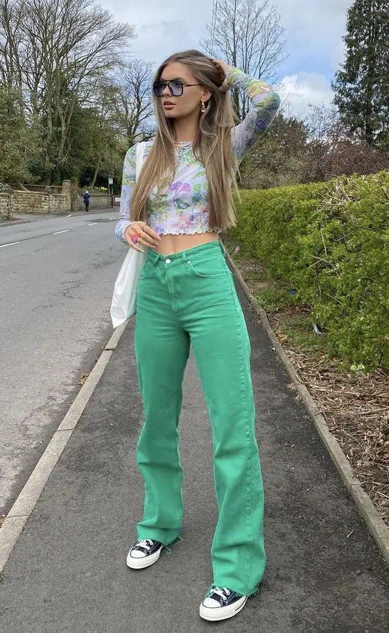Vibrant Green Jeans With Floral Crop