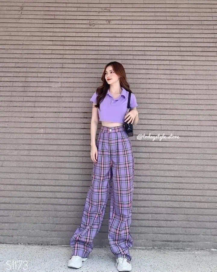 Lavender Crop Top And Plaid Pants