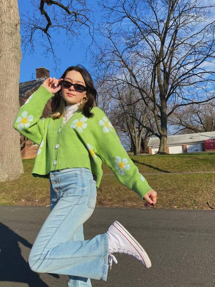 Floral Cardigan And Retro Denim