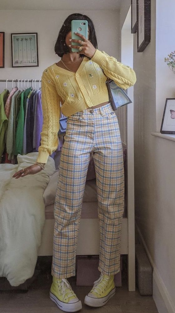 Retro Chic: Cropped Cardigan And Plaid