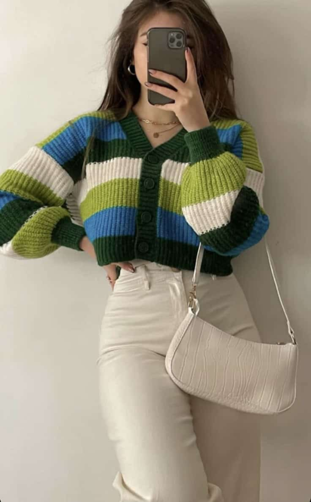 Colorblock Cardigan With White Trousers