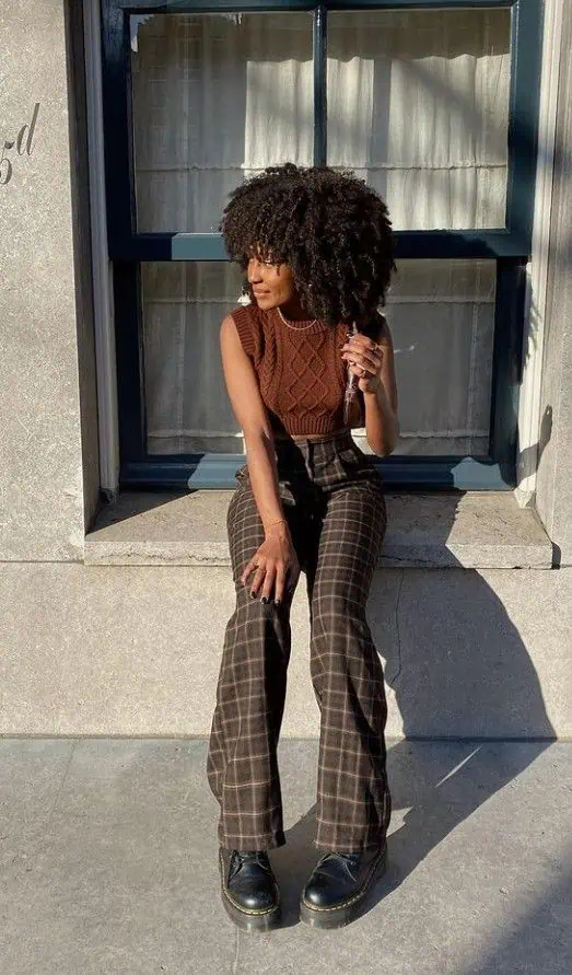 Rust Sweater Vest And Plaid Flares