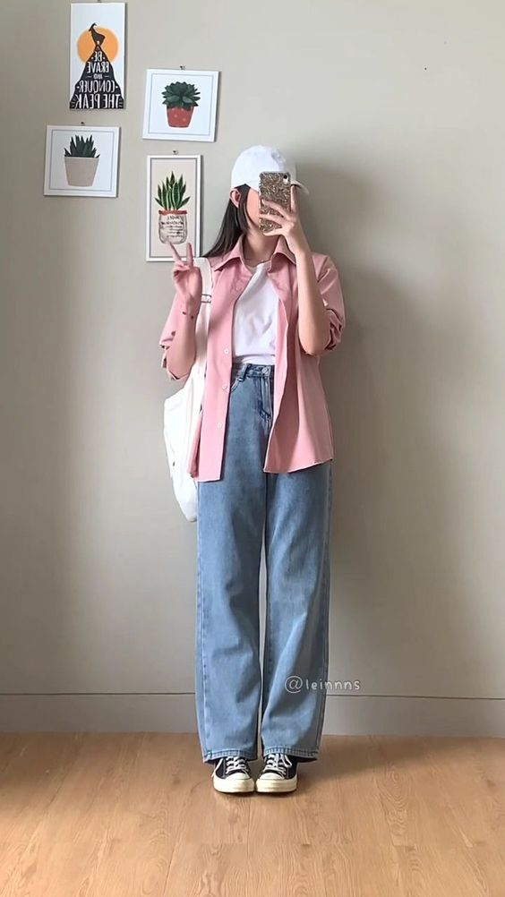 Effortless Spring Charm: Pink Shirt and Denim Duo