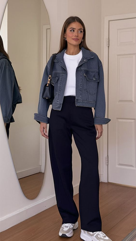 Effortless Chic: A Denim Jacket and Tailored Trousers Combo for Spring