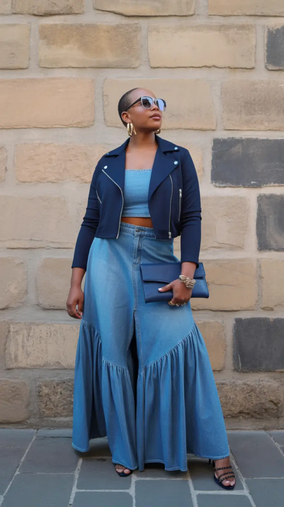 Denim Maxi and Moto Jacket Contrast