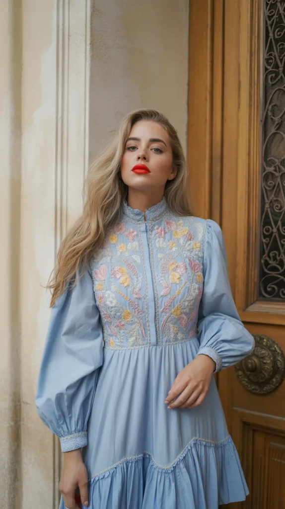 Powder Blue Dress With Vintage Detail