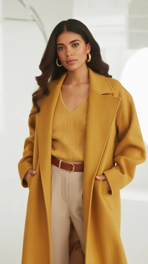 Golden Knit and Camel Coat for Cozy Minimal Chic