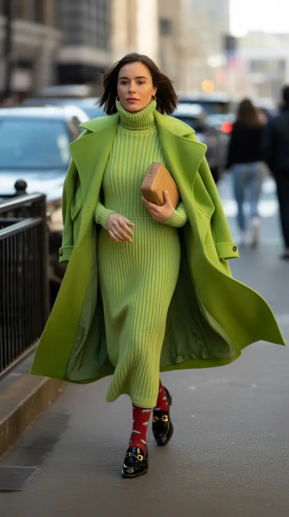 Green Knit Dress and Statement Coat for City Energy