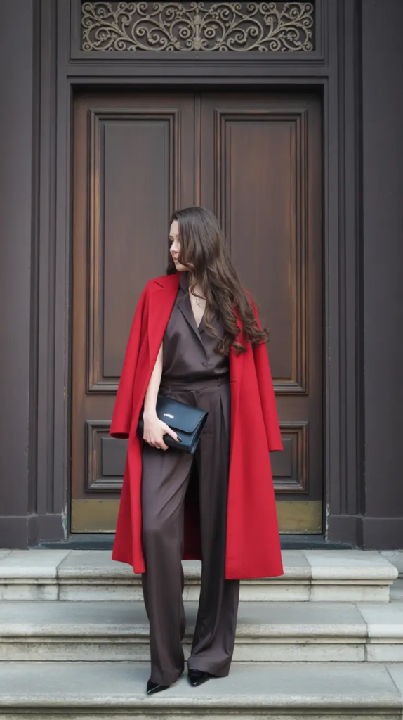 Red Coat and Chocolate Satin for Evening City Glam