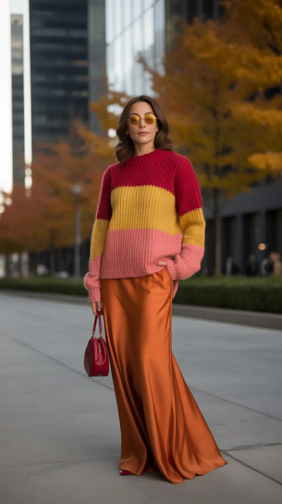 Striped Sweater and Satin Skirt for Bright City Contrast