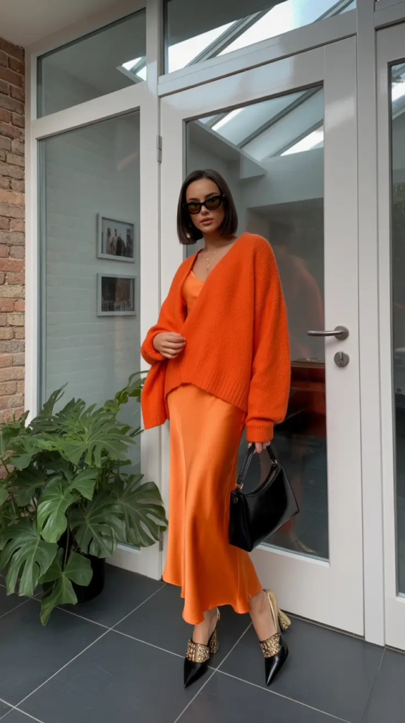Orange Slip Dress and Oversized Knit for Cozy Chic