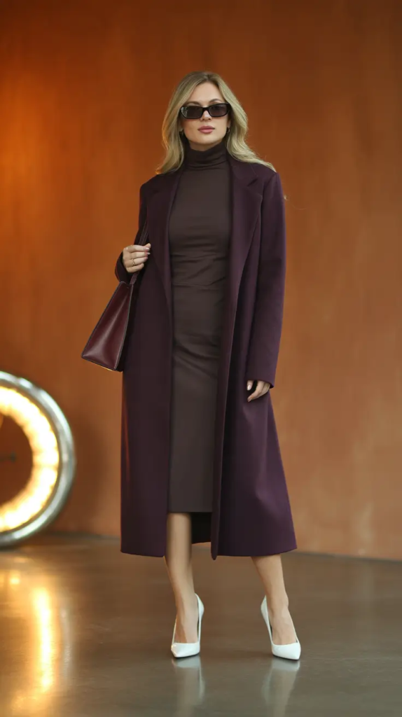 Plum Coat and Chocolate Dress for Elegant Minimal Warmth