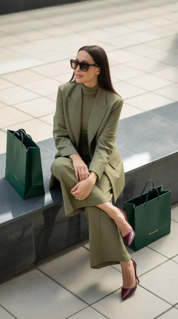 Olive Suit and Minimal Accessories for City Shopping Days