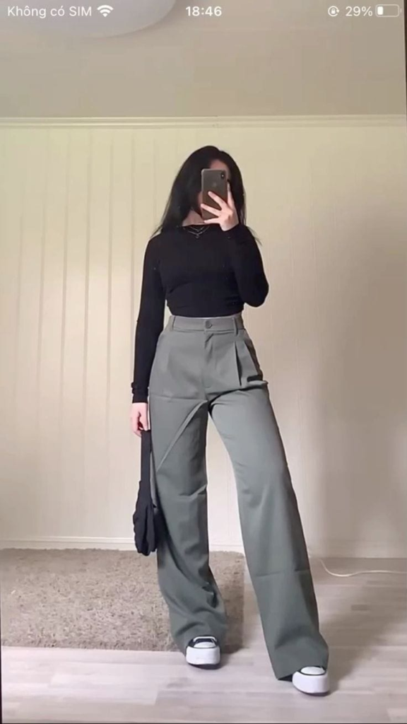 Sleek Black Top With Wide-Leg Trousers