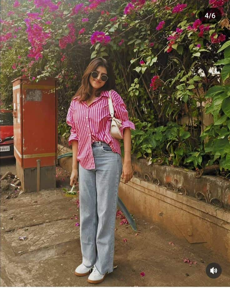 Pink Striped Shirt And Wide-Leg Jeans