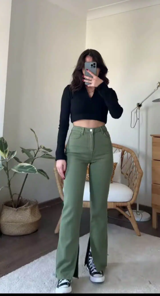 Cropped Top And Sage Flared Pants