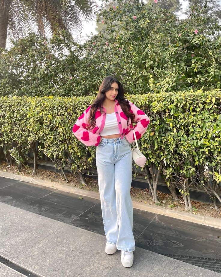 Pink Heart Cardigan And Wide-Leg Jeans
