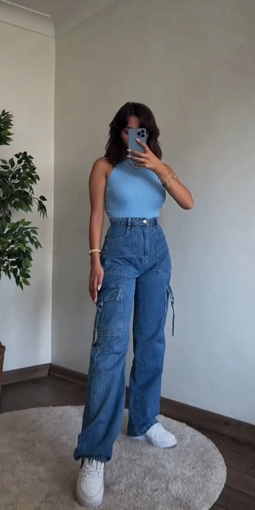 Blue Tank And Cargo Jeans Combo