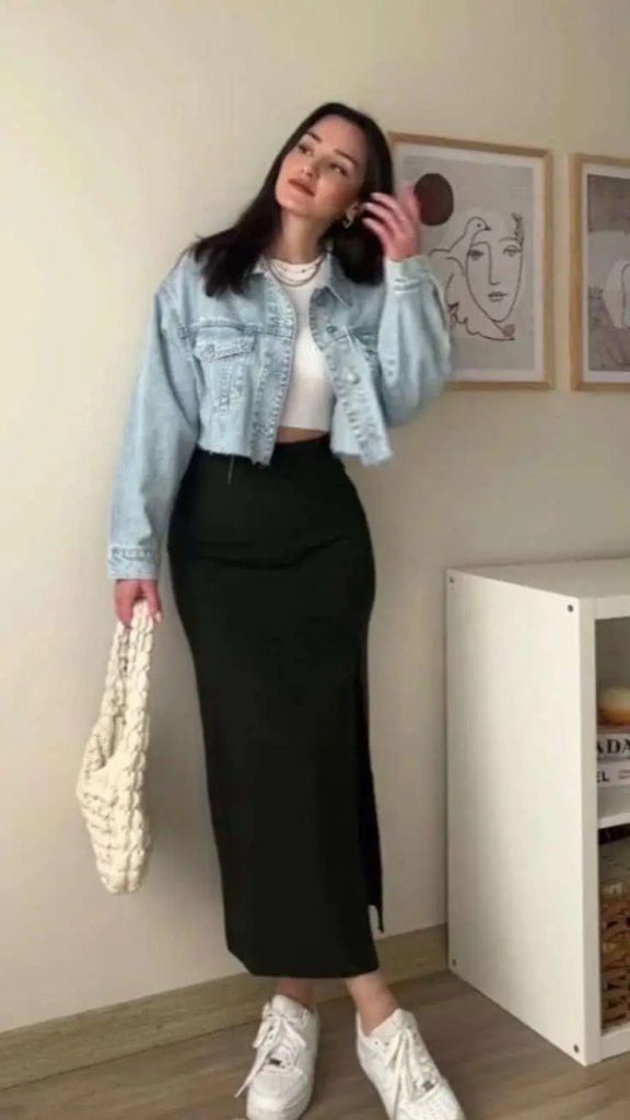 Cropped Denim And Maxi Skirt Combo