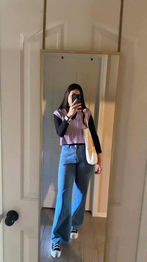 Lavender Vest And Wide-Leg Jeans