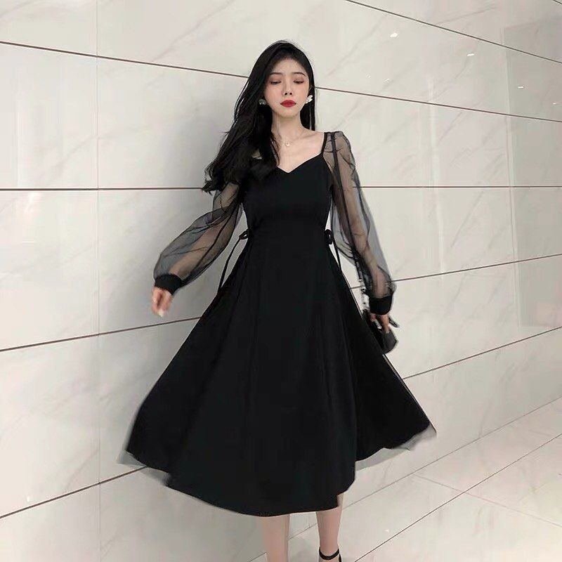 Elegant Black Midi With Sheer Sleeves