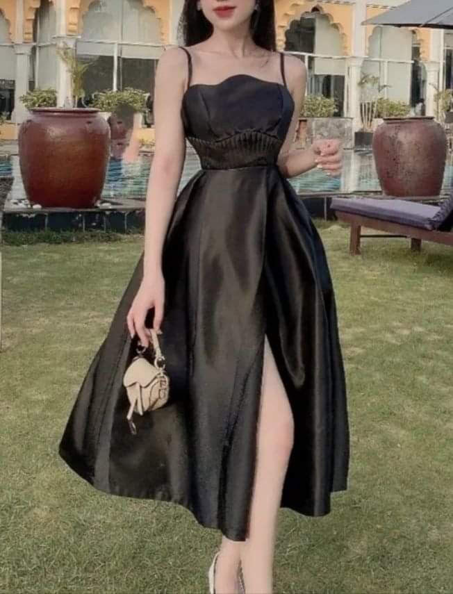 Elegant Black Satin Midi Dress