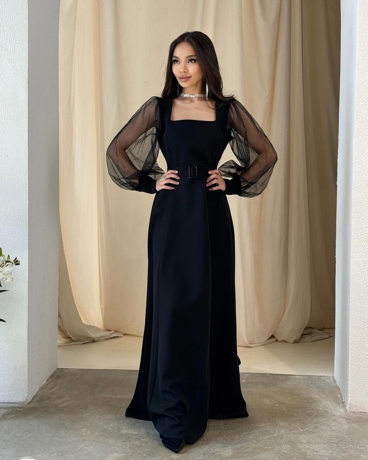 Elegant Sheer-Sleeved Maxi Dress