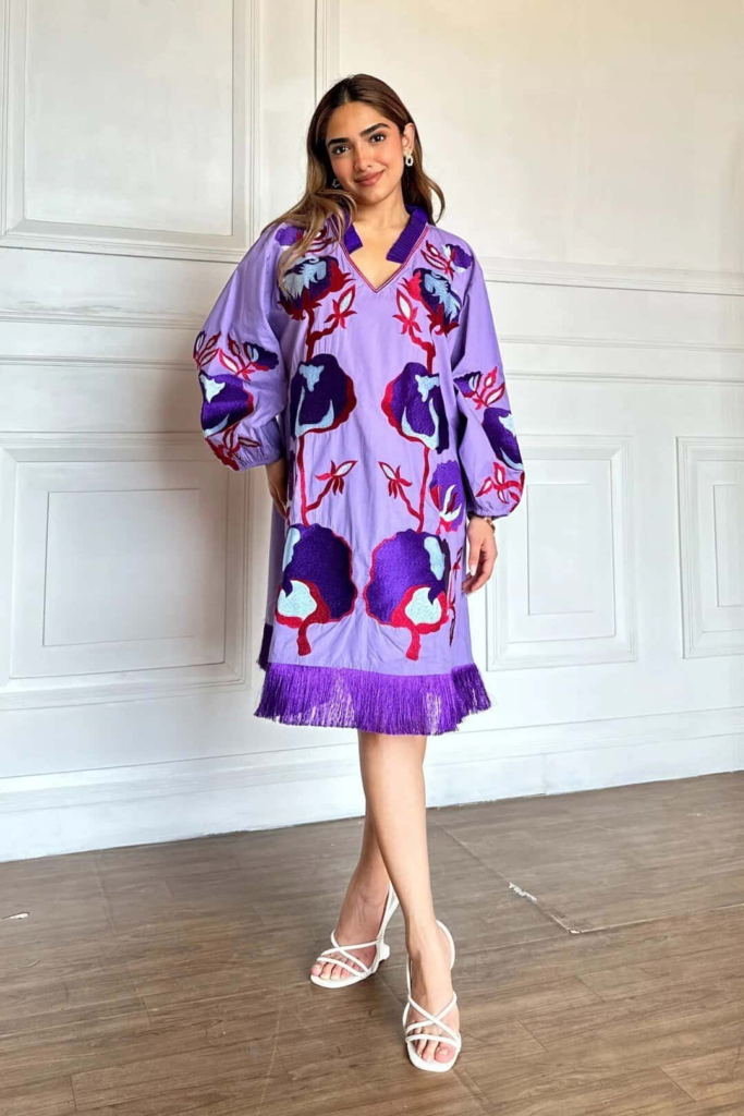 Vibrant Embroidered Kaftan With Fringe