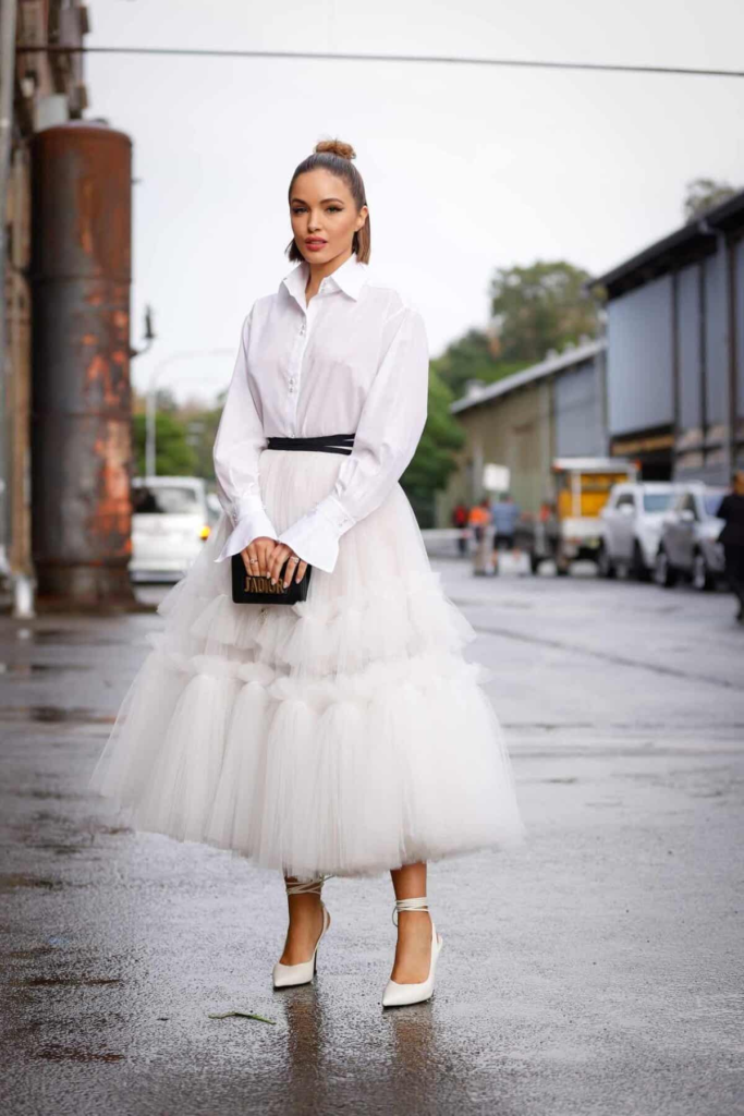 Elegant White Tulle Shirt Dress