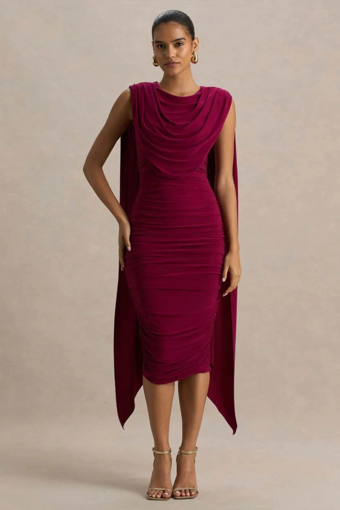 Draped Burgundy Elegance Midi Dress