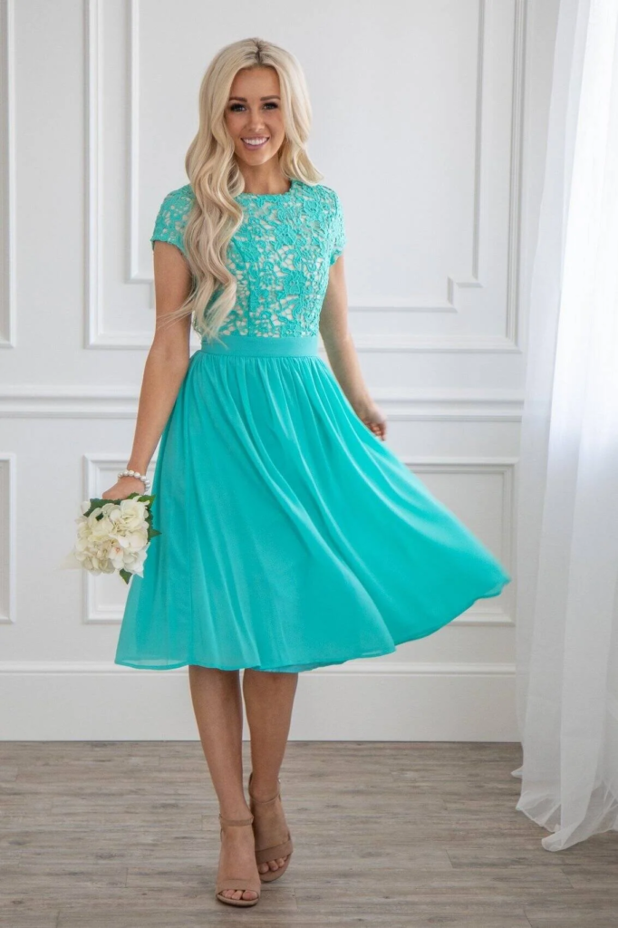Turquoise Lace-Top A-Line Dress