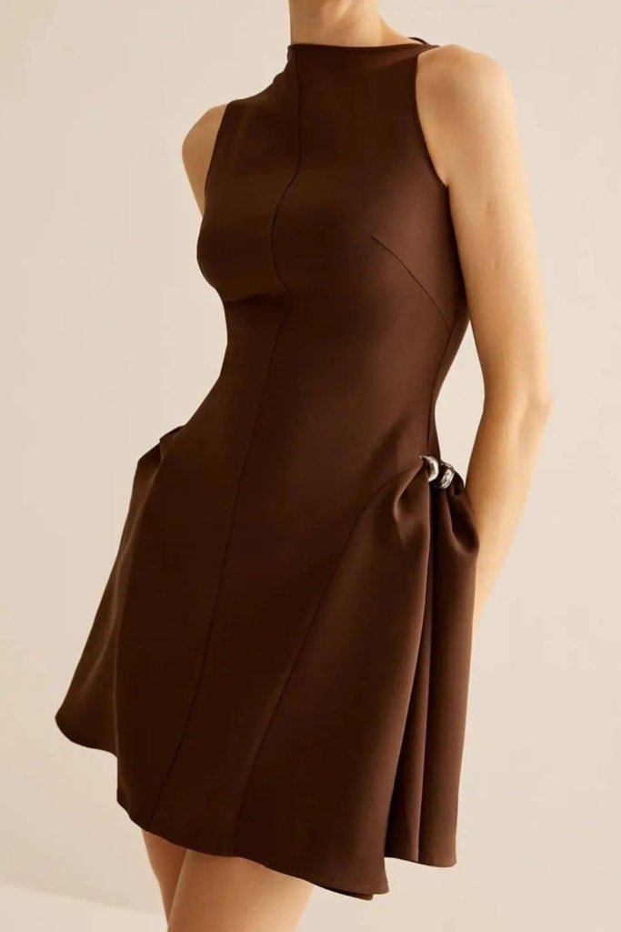 Elegant Brown High-Neck Sleeveless Dress