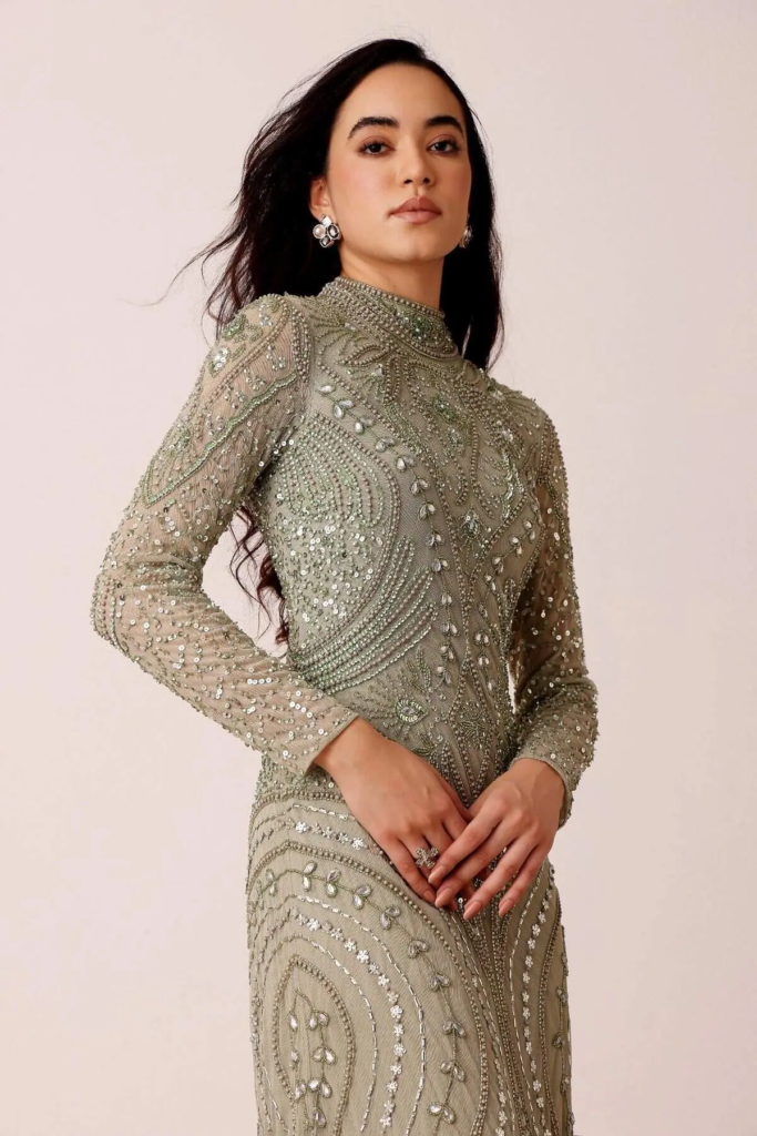 Elegant Beaded Long-Sleeve Gown