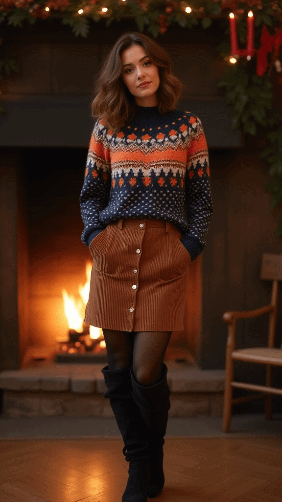 Fair Isle Sweater and Corduroy Skirt