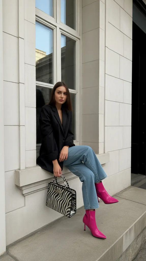 Sharp Black Blazer with Denim and a Pop of Color