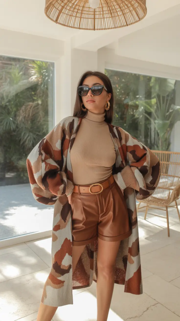 Leather Shorts With a Statement Cardigan