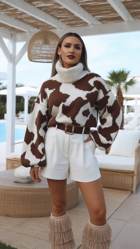 Cow Print Knit With Crisp White Shorts